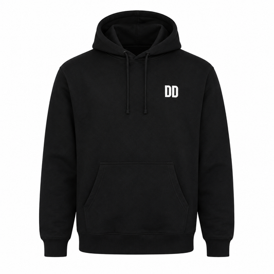 Black hoodie with 'DD' logo on a white background