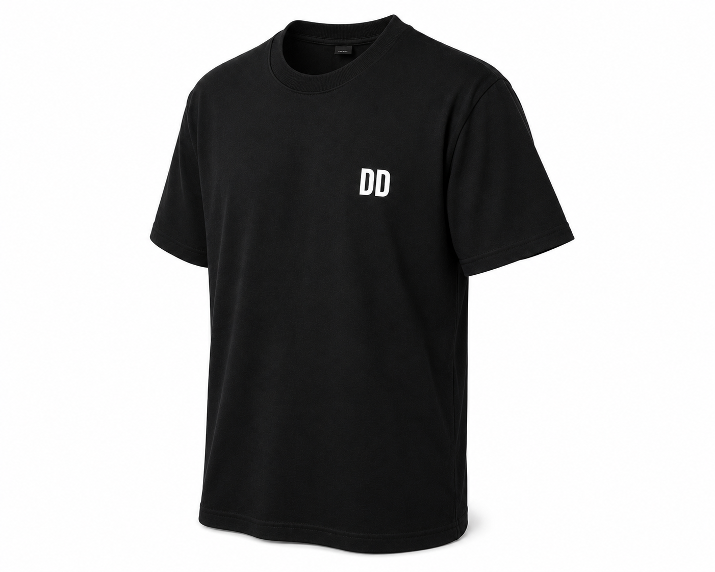 Black t-shirt with 'DD' logo on a white background