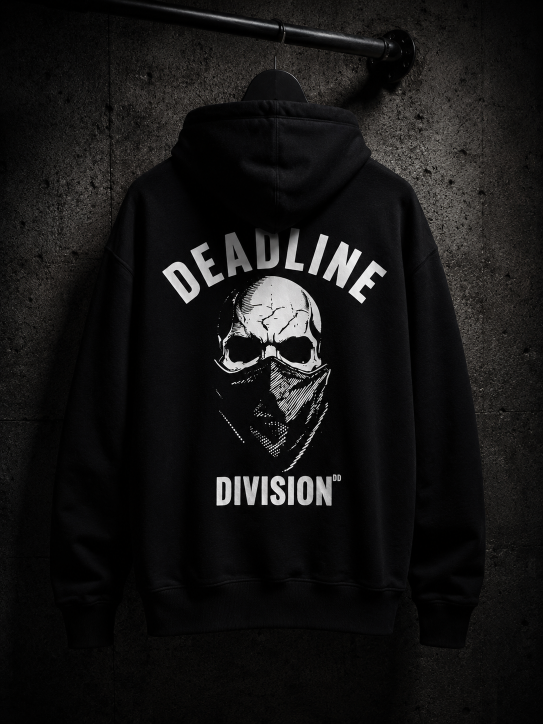 Black hoodie with 'Deadline Division' graphic on a dark background