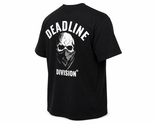 Black t-shirt with skull design and 'Deadline Division' text on a white background