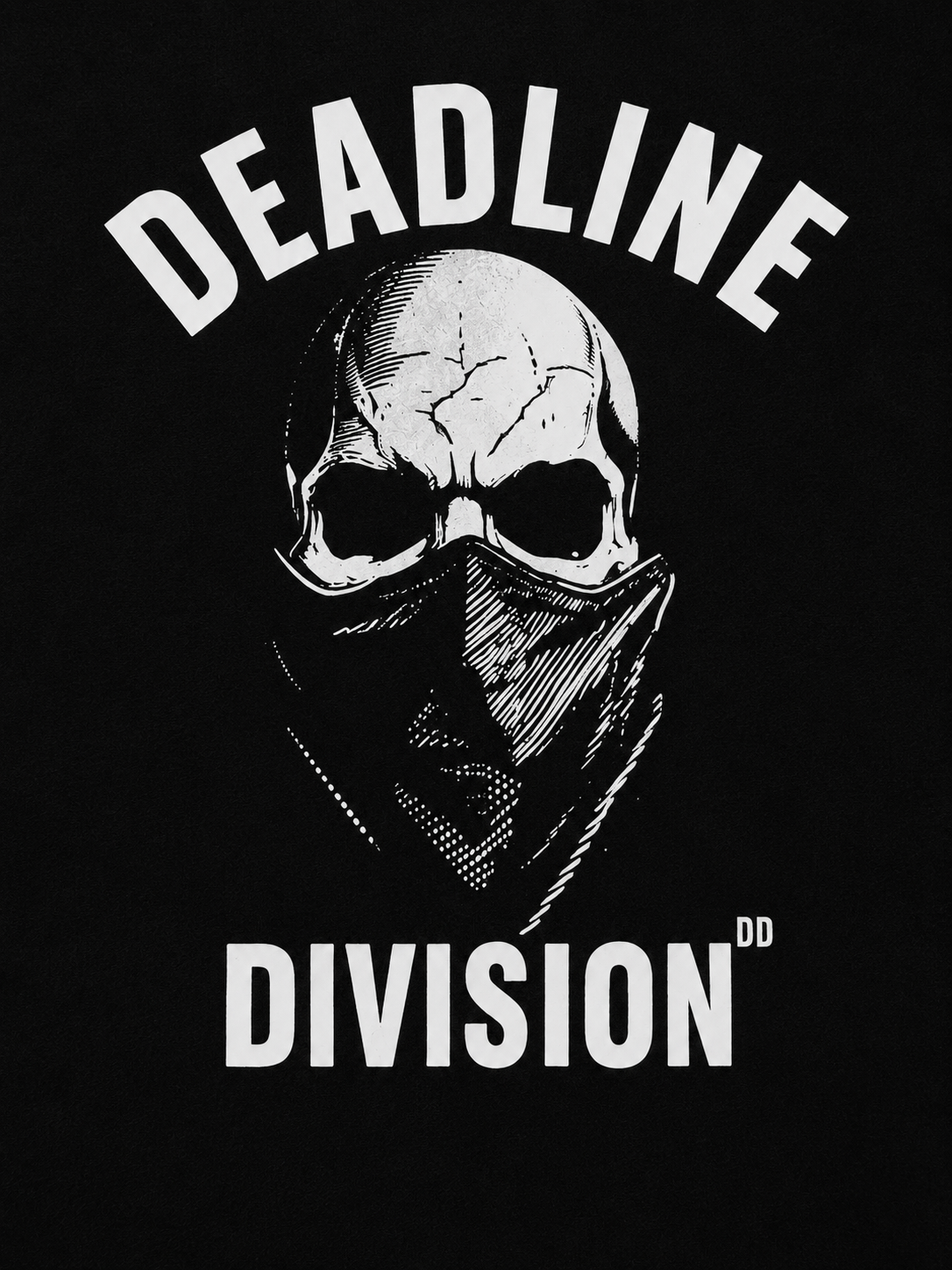 Skull wearing a bandana with 'Deadline Division' text on a black background