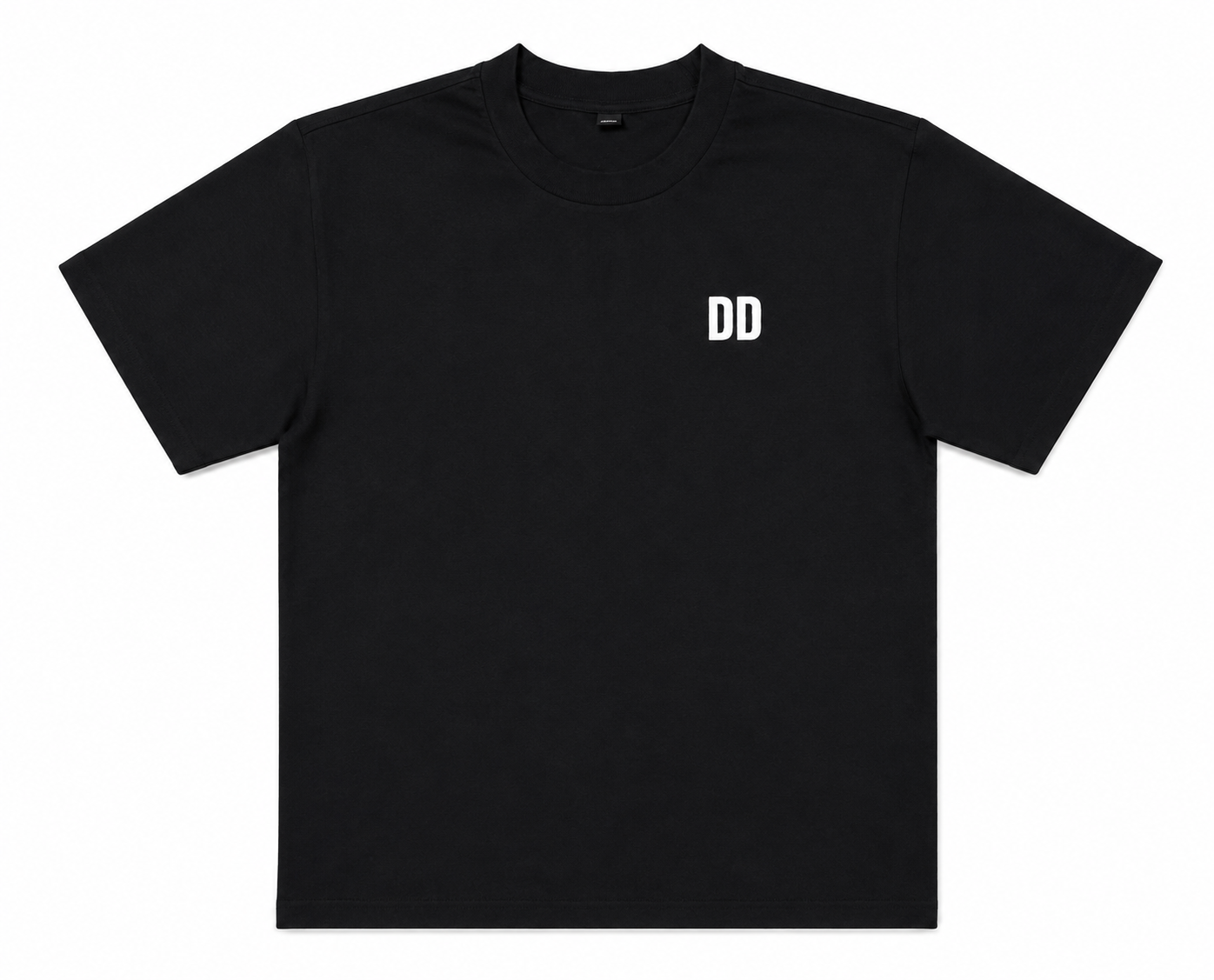 Black t-shirt with 'DD' logo on a white background