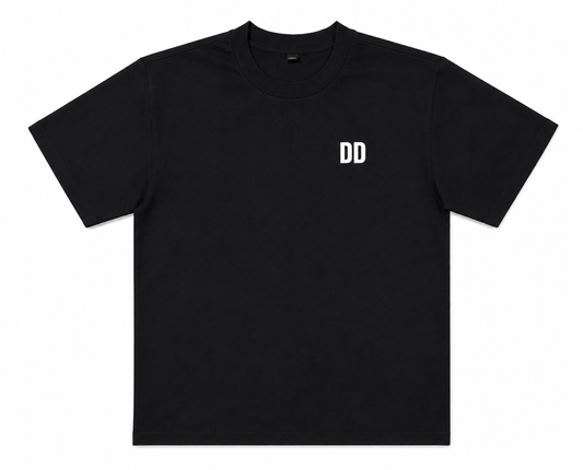 Black t-shirt with 'DD' logo on a white background