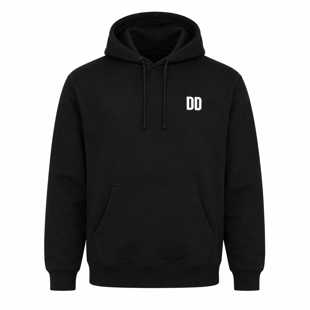 Black hoodie with 'DD' logo on a white background