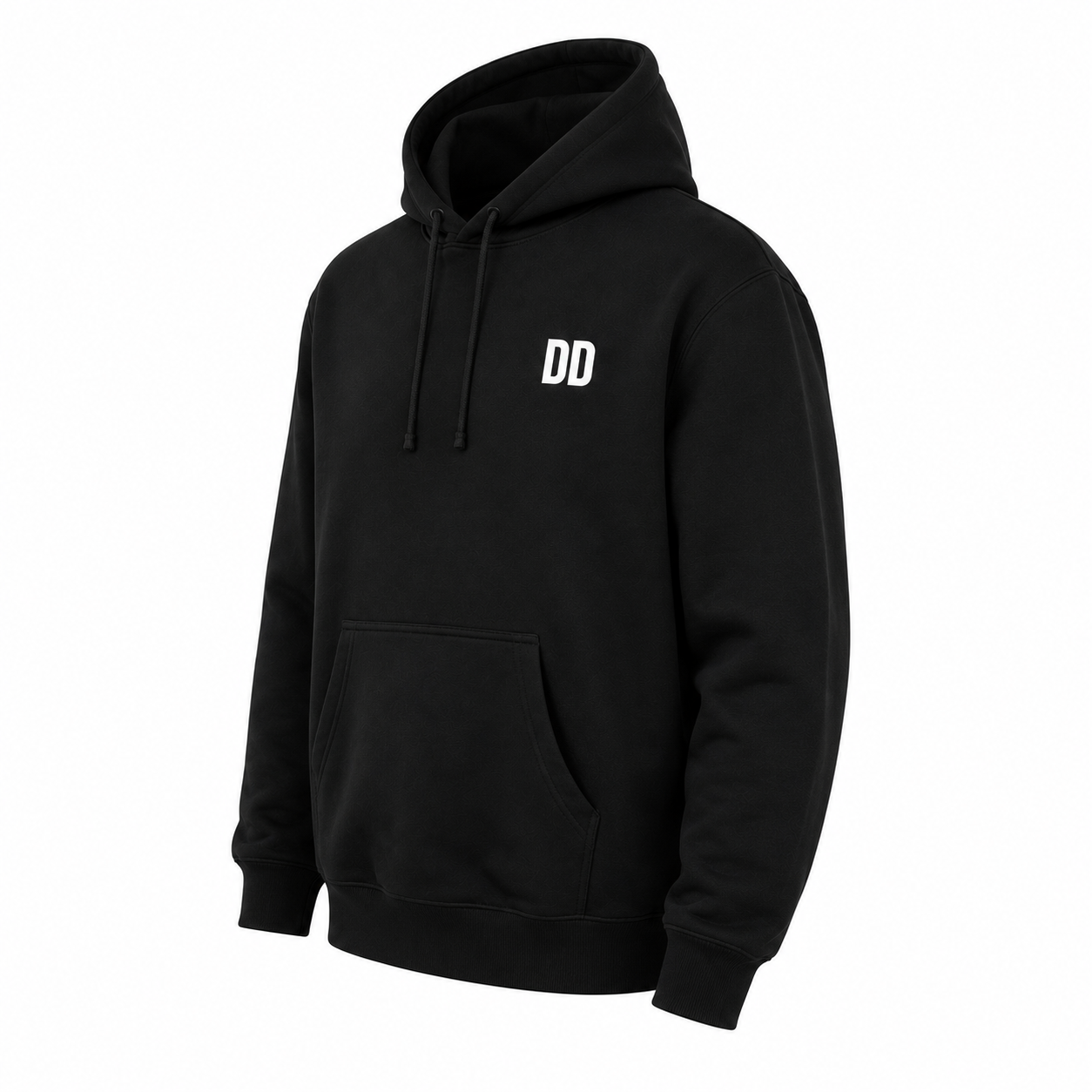 Black hoodie with 'DD' logo on a white background