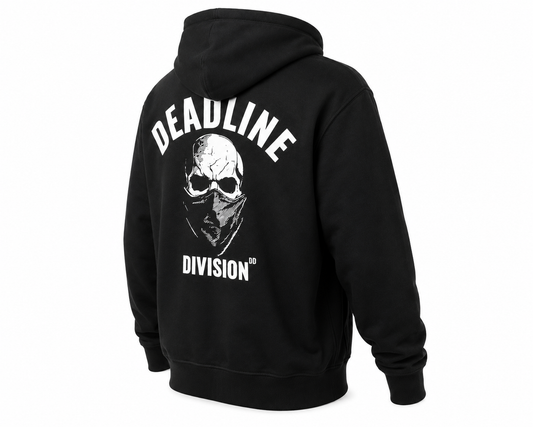 Black hoodie with 'Deadline Division' logo on the back against a white background